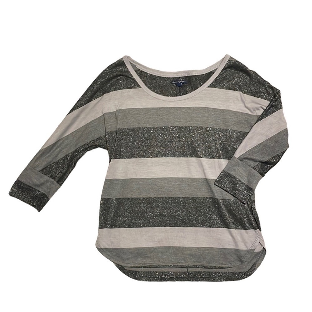 American Eagle Gray Stripe‎ 3/4 Sleeve Top